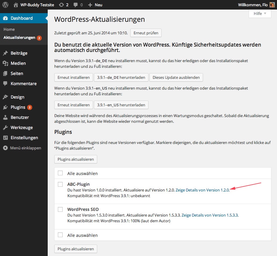 Abb.: WordPress zeigt Updates an